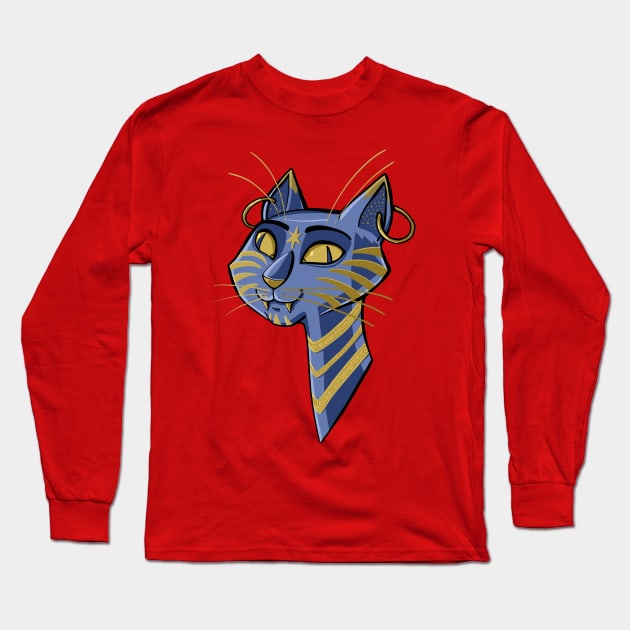 Head of Egyptian cat with earrings in ears Long Sleeve T-Shirt by duxpavlic